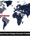 World map highlighting countries with voltage standards, branded with Rockstone Power Voltage Converter Transformers logo