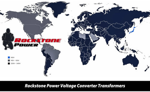 World map highlighting countries with voltage standards, branded with Rockstone Power Voltage Converter Transformers logo