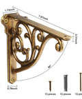 Dimensions and details of 8 Inch Heavy Duty Antique Brass Shelf Brackets Set Of 4 For Wall Mounted Shelves Victorian Baroque Style Decorative Rack Supports Cast Zinc Alloy For Home And Kitchen Decor.