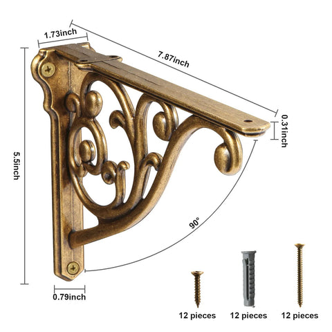 Dimensions and details of 8 Inch Heavy Duty Antique Brass Shelf Brackets Set Of 4 For Wall Mounted Shelves Victorian Baroque Style Decorative Rack Supports Cast Zinc Alloy For Home And Kitchen Decor.