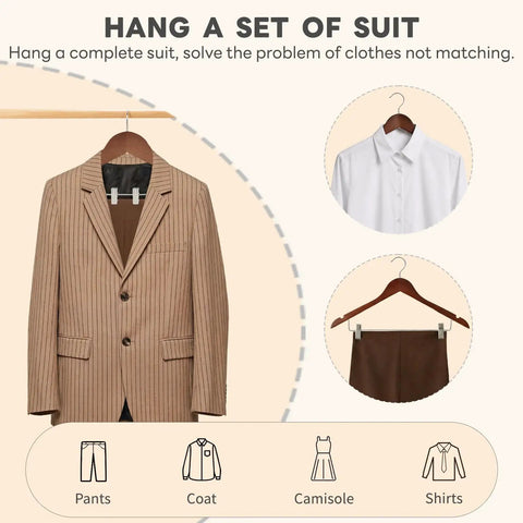 Heavy Duty Wooden Hangers With Clips 24 Pack Premium Walnut Wood Hangers With Adjustable Clips showcasing suit and pants on hooks