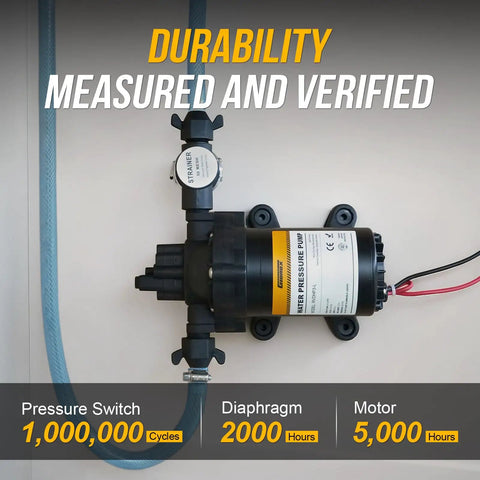 12V RV Water Pump Diaphragm 4 GPM At 45 PSI Quiet Fresh Water Pump With Pressure Switch mounted on wall, durability details