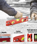 Rock Hard Professional Grade Cast Aluminum Torpedo Level With Magnetic Dual View Plumb Vial For Quick And Dirty Measuring And Tight Drywall Joint Layouts On Site, showing magnetic features and V-groove for pipes.