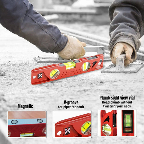 Rock Hard Professional Grade Cast Aluminum Torpedo Level With Magnetic Dual View Plumb Vial For Quick And Dirty Measuring And Tight Drywall Joint Layouts On Site, showing magnetic features and V-groove for pipes.