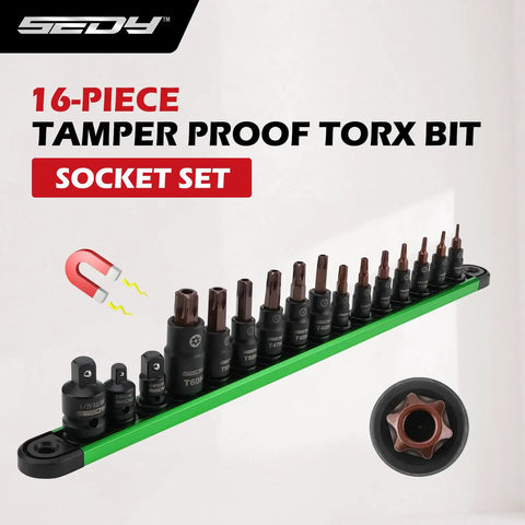 Sixteen Piece Tamper Proof Torx Bit Socket Set With Magnetic Organizer T8 Through T60 displayed on green rail
