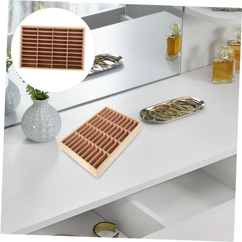 Vintage Wood Jewelry Dish With Integrated Smartphone Stand Multi Compartment Accessory Organizer For Rings And Chains on a modern white desk.