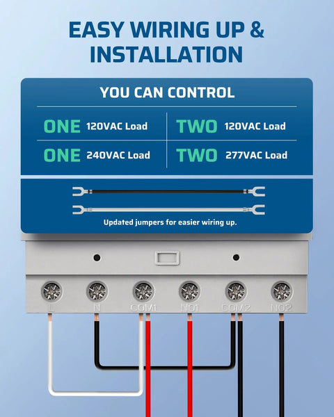 Wiring diagram for Heavy Duty No-Fuss 2HP Pool Timer Box with 7 Day Scheduling, showing load control options and jumper setup