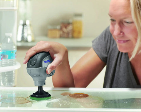 Person using 16 Piece Versa Power Scrubber Accessory Value Kit With 15 Cleaning Pads Including Polishing Non Scratch Eraser Foam Kitchen Scour