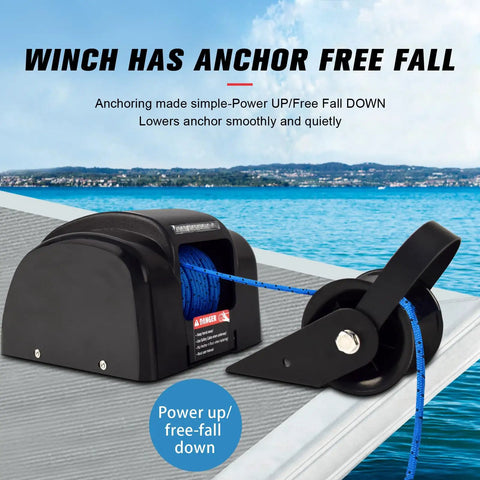 45 Lb Electric Boat Anchor Winch For Saltwater Boats With Wireless Remote, 98.42 Ft Pre Wound Rope, 12V Marine Windlass, Tough As Nails Heavy Duty Copper Motor, Fast Hoist, Sturdy Black Finish on boat deck