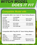 Compatibility chart for 42 Inch Deck Mower Blade Mulching Blades With 6 Point Star Fit Troy Bilt And Cub Cadet Riding Mowers.
