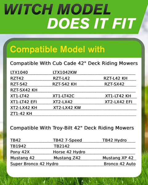 Compatibility chart for 42 Inch Deck Mower Blade Mulching Blades With 6 Point Star Fit Troy Bilt And Cub Cadet Riding Mowers.