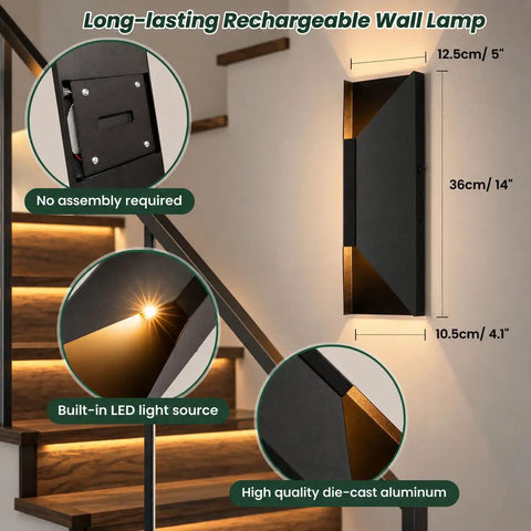 Nsleaiy Wireless Wall Sconces Set of Two, Rechargeable Wall Lights mounted on stairs, sleek design, built-in LED lighting.