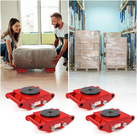 6 Ton Heavy Duty Moving Dolly With 360 Degree Rotating Anti Skid Pad For Industrial Equipment Carbon Steel Machine Skate With PU Wheels For Workshop Warehouse Transport, red dolly set