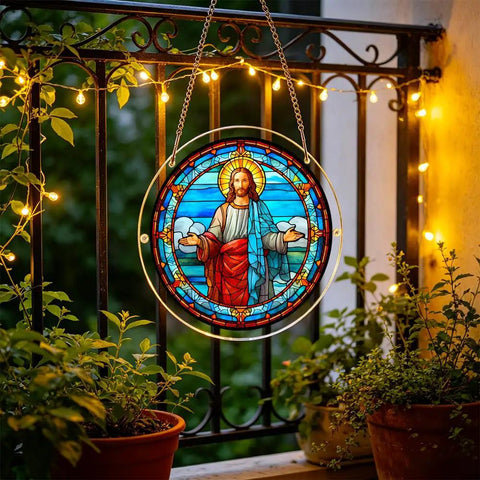 DIY 135 Piece Acrylic Suncatcher Jigsaw Puzzle Kit for Windows and Garden Decor hanging on balcony railing with lights