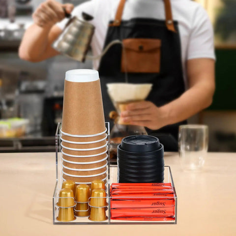 Clear Acrylic Coffee Cup Holder For Countertop With Three Compartments For Cups Lids Straws Pods Sugar Packets And Tea Bags A Handy Coffee Bar Organizer For Kitchen Counters