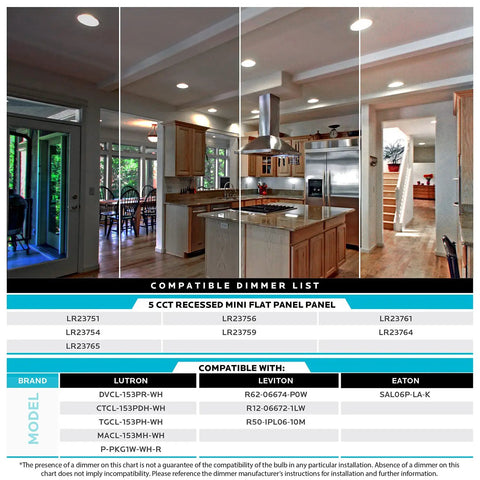 4 Pack 8 Inch Ultra Thin LED Recessed Lights With J-Box in a modern kitchen and dimmer compatibility list.