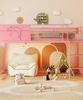 Pink twin size guardrail bed frame with under bed storage and decorative options for kid rooms, sturdy metal frame, easy assembly