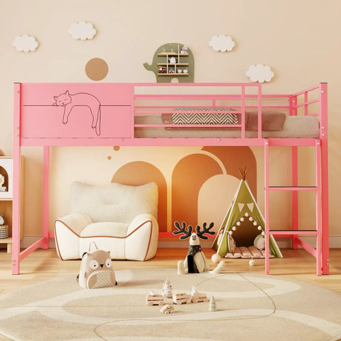 Pink twin size guardrail bed frame with under bed storage and decorative options for kid rooms, sturdy metal frame, easy assembly