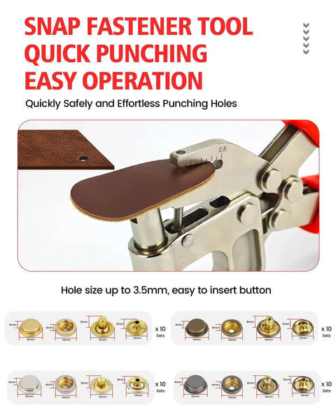 Heavy Duty Snap Fastener Tool Kit With Built In Hole Punch, 40 Sets Four Color Metal Snaps For Boat Cover Repair, close-up of punch and snaps