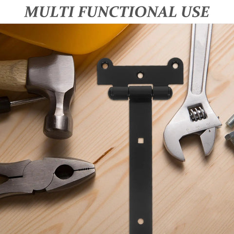 Heavy Duty Tee Hinge With Bearing Slot For Garden Gate And Shed Door 300mm X 4mm Black Plastic with tools on wood