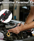 Mechanic using Dual Head Terminal Removal Tool For Cars, Quick Release Wire Connector Separator with straight and curved tips