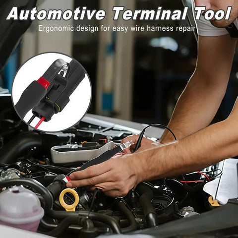 Mechanic using Dual Head Terminal Removal Tool For Cars, Quick Release Wire Connector Separator with straight and curved tips