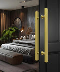 Titanium Gold Square Barn Door Handles Set Long Pull Push Double Sided For French Style Doors, installed in a modern bedroom