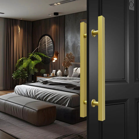 Titanium Gold Square Barn Door Handles Set Long Pull Push Double Sided For French Style Doors, installed in a modern bedroom