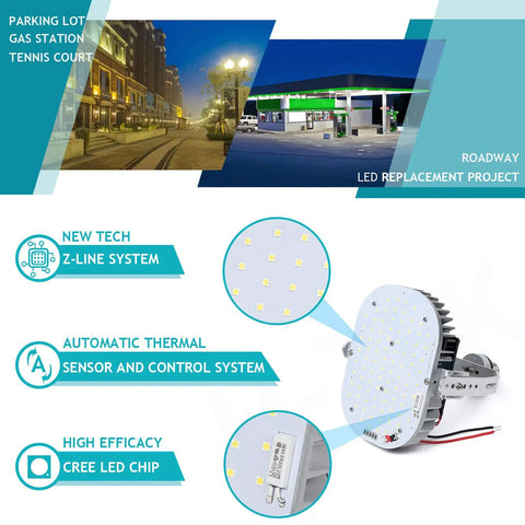 Close-up of 120W LED Retrofit Kit Replaces 700W MH HPS showcasing LED chips and tech features, ideal for street lighting and gas stations.
