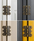 Close-up of 12 Pcs Small Brass Hinges With Screws 1 Inch Retro Vintage Bronze Butterfly Style on various door colors.