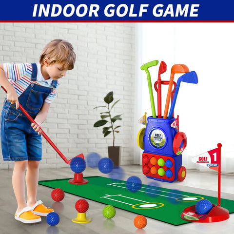 Child playing with Tot Friendly Mini Golf Toy Set With Golf Cart, Putting Mat, 4 Clubs and 8 Balls For Backyard Play.