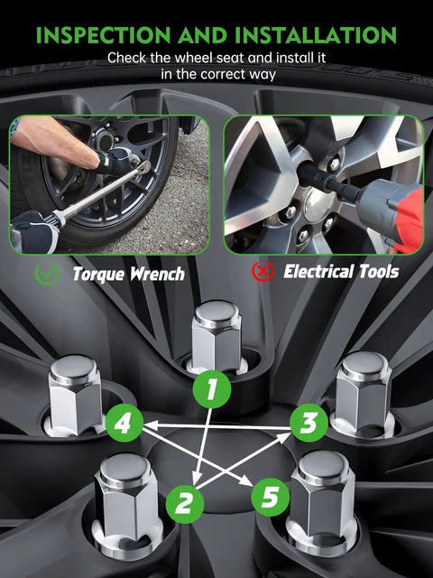 Inspection and installation of M12x1.5 Chrome Lug Nut Set 20Pcs Closed End with torque wrench and electrical tools