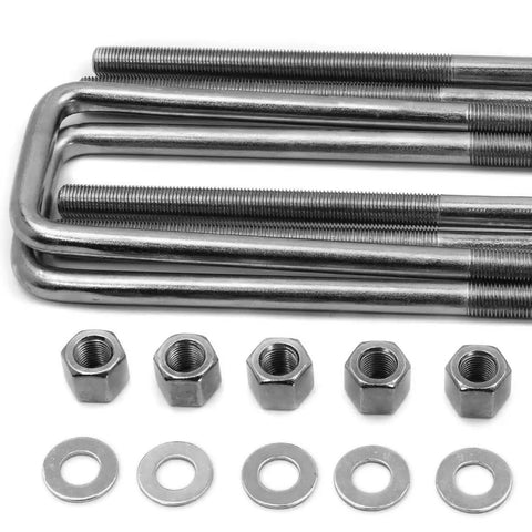 Ford Front Leaf Spring Shackle U Bolt Kit For 80 To 97 F 250 F 350 4WD Heavy Duty Suspension Upgrade 8.75 Inch Square U Bolts SKU 722015 Compatible With 4x4 Trucks, square steel U-bolts, nuts and washers