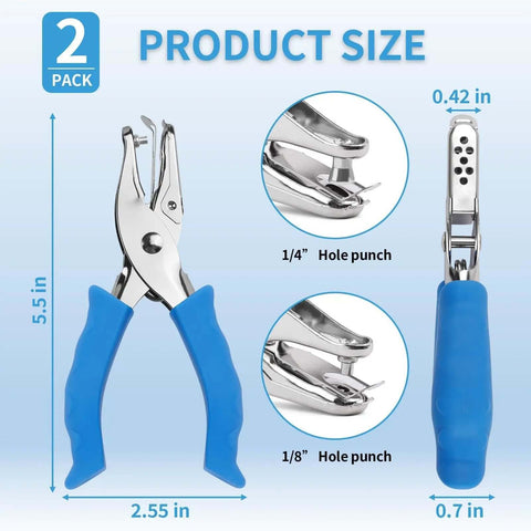 Two Pack Hand Hole Punch Set With Soft Grip Handles For One Eighth Inch And One Quarter Inch Holes, Blue Dimensions Image