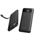 Rugged Portable Power Bank Delivering 22.5W Fast Charging Through Four Built In Cables For Plug And Play Convenience Ideal For Weekend Warriors Seeking A Reliable Quick Charge Fix On The Road Always, showing sleek black design and LCD display.