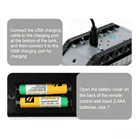 Charging and battery installation for Ultra Realistic 1 To 48 Scale RC Tank Toy Inspired By M1 Abrams With Sand Exterior