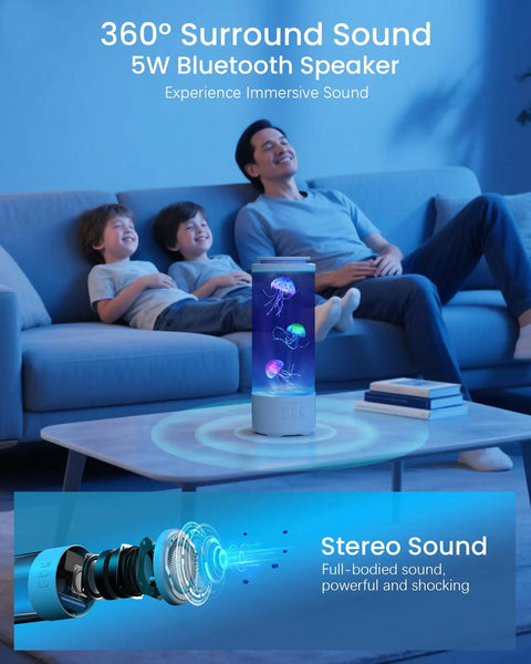 Family enjoying Jellyfish Lamp Bluetooth Speaker With White Noise, 7 Color Changing Ocean Tank Light, 4 Lighting Modes on coffee table.