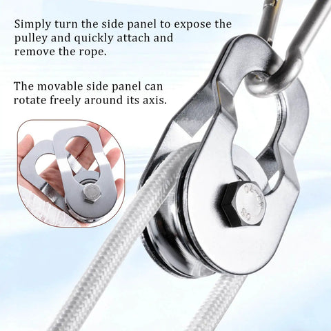 Heavy Duty Cable Snatch Pulley Block With 32 Ft Rope And Hook Dual Bearings Inside For Smooth Operation Chrome Plated Steel Construction 800Lb Lifting Capacity Rugged For Garage Attic Kayak Deer Hanging Gym Equipment 1 Pack, chrome steel pulley with rope