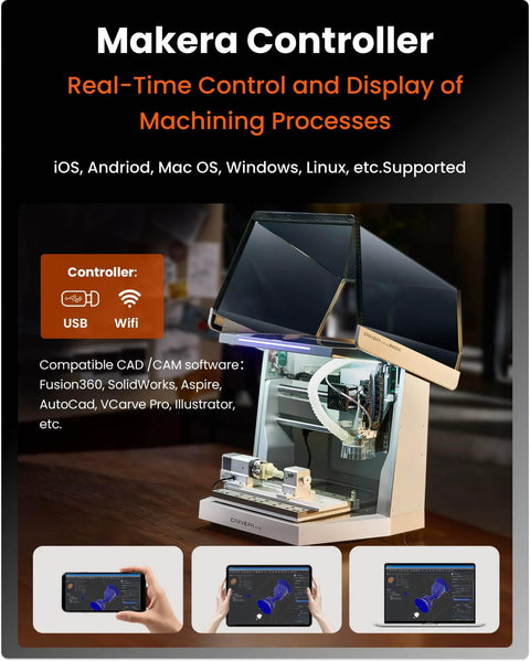 Air Desktop CNC Milling Machine With 4th Axis And Add On Module, showing Makera CAM integration and real-time control display