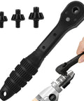 Universal 3 In One Ratchet Drill Chuck Key Wrench With Magnetic Quick Change Heads, black handle with three changeable heads, for electric drill use.