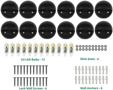 2W Dope Low Voltage Landscape Deck Lights 12 Pack Waterproof IP65 Outdoor Patio Step Lighting With Replaceable G4 LED Bulbs In Black 12V 3000K Die Cast Aluminum Housing components including bulbs, screws, and seals.