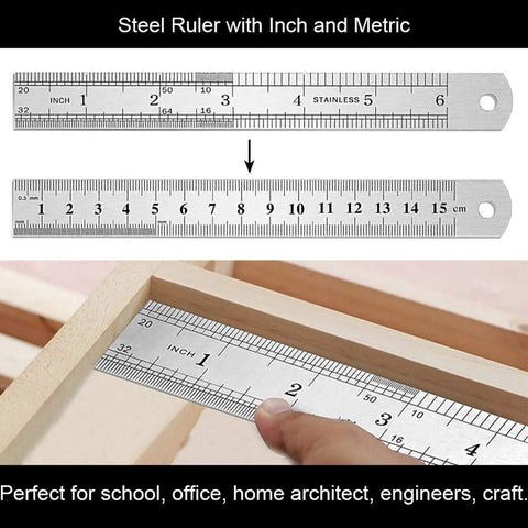 Steel ruler from Pro Grade 3 Piece Precision Measurement Set with both inch and metric markings for accurate measurements.