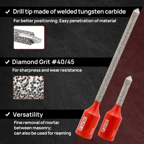 Diamond Mortar Raking Bit With Carbide Tipped Tip For Tuck Pointing And Mortar Removal; Pro Grade Heavy Duty Vacuum Brazed For Granite Marble Concrete And Masonry; 5/8-11 Thread, 8mm Diameter, 121mm Working Length, 168mm Total Length shown with details