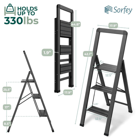 Three Step Folding Step Ladder In Matte Black Aluminum With Locking Mechanism Ultra Slim Profile Anti Slip Steps Lightweight Yet Sturdy For Home Office Kitchen Photography Super Handy And Ready For DIY Projects, 330 lbs capacity