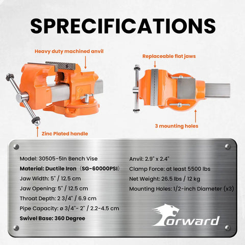 5 Inch Ductile Iron Bench Vise With 360 Degree Swivel Base And Channel Steel Guide Bar, 5500 Lbs Clamping, Orange Finish