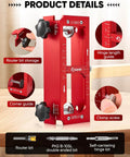 Adjustable Door Hinge Jig For Aluminum Alloy Doors Router Template Fits Hinges From Two And A Half To Five Inches In Length And Thickness Radius One Quarter Inch Or Five Eighths Inch Durable Jamb Hinge Jig For Precise Installations Easy Setup And showing product details with hinge length guide, router bit storage, and clamp screw.