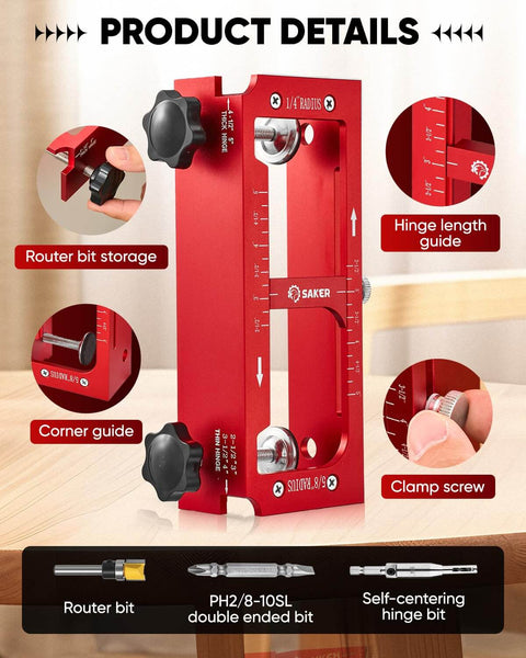 Adjustable Door Hinge Jig For Aluminum Alloy Doors Router Template Fits Hinges From Two And A Half To Five Inches In Length And Thickness Radius One Quarter Inch Or Five Eighths Inch Durable Jamb Hinge Jig For Precise Installations Easy Setup And showing product details with hinge length guide, router bit storage, and clamp screw.
