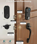 Smart Front Door Lock Set With Built In Wifi Bluetooth Deadbolt dimensions and installation guide for secure keyless entry.