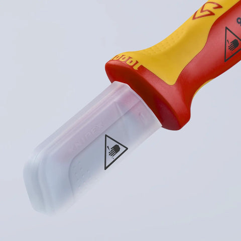 1,000V Insulated Cable Knife With Solid Fixed Blade, Plastic Coated Back To Prevent Short Circuits, Slip Guard Handle, Transparent Cap, Red Color For Pro Grade Electrician Must Have