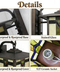 Close-up details of Vintage Tiffany Style Outdoor Wall Light With Stained Glass Shade showcasing base, cover, and E27 socket.